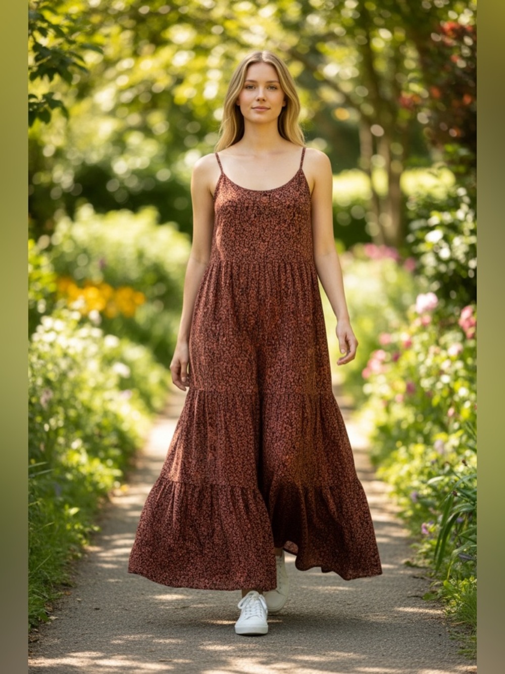Gentle Fawn Red Black Floral Midi Dress Tiered Spaghetti Strap XS